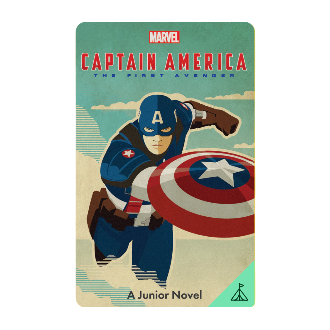 Book cover of 'Captain America: The First Avenger' junior novel with superhero design on a yellow background