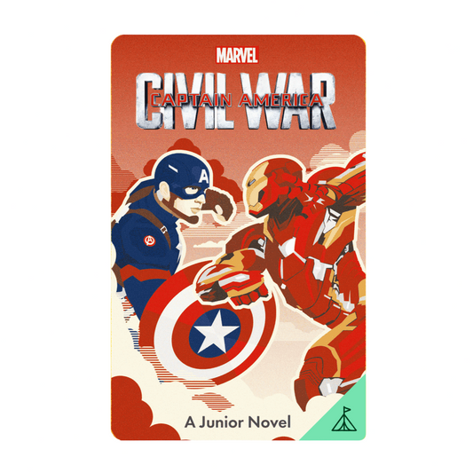 Book cover of 'Captain America: Civil War' junior novel with superhero design on a yellow background