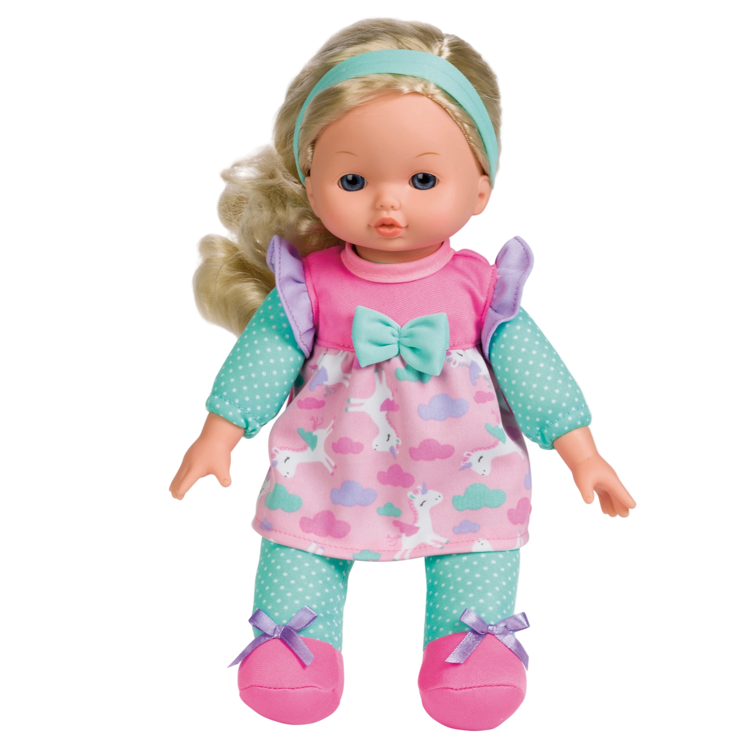 Doll wearing a pink outfit with cloud and rainbow design on a white background