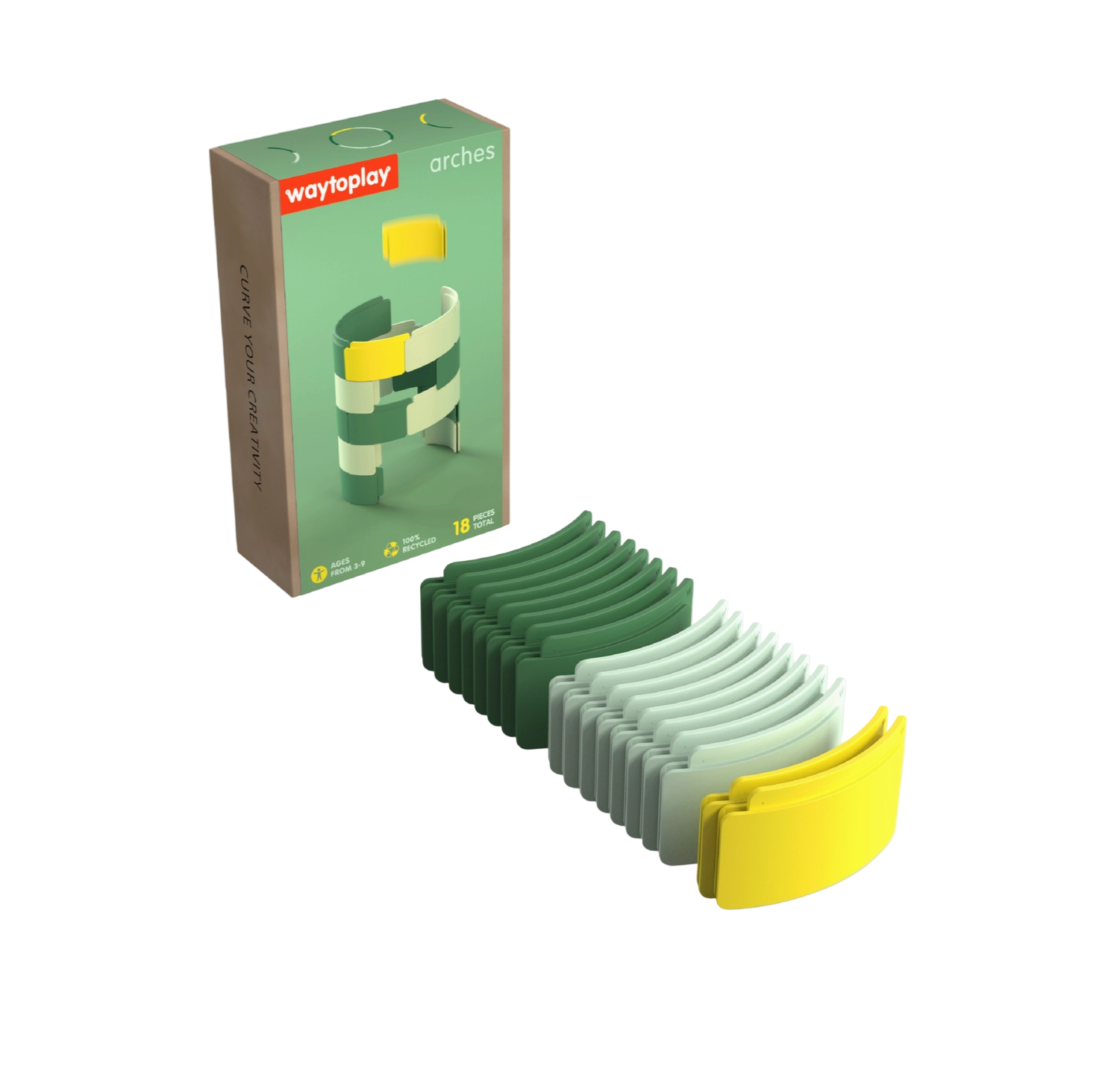 Green and yellow modular furniture set with packaging on a light gray background