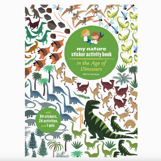 Sticker activity book cover with dinosaur illustrations and text on a white background
