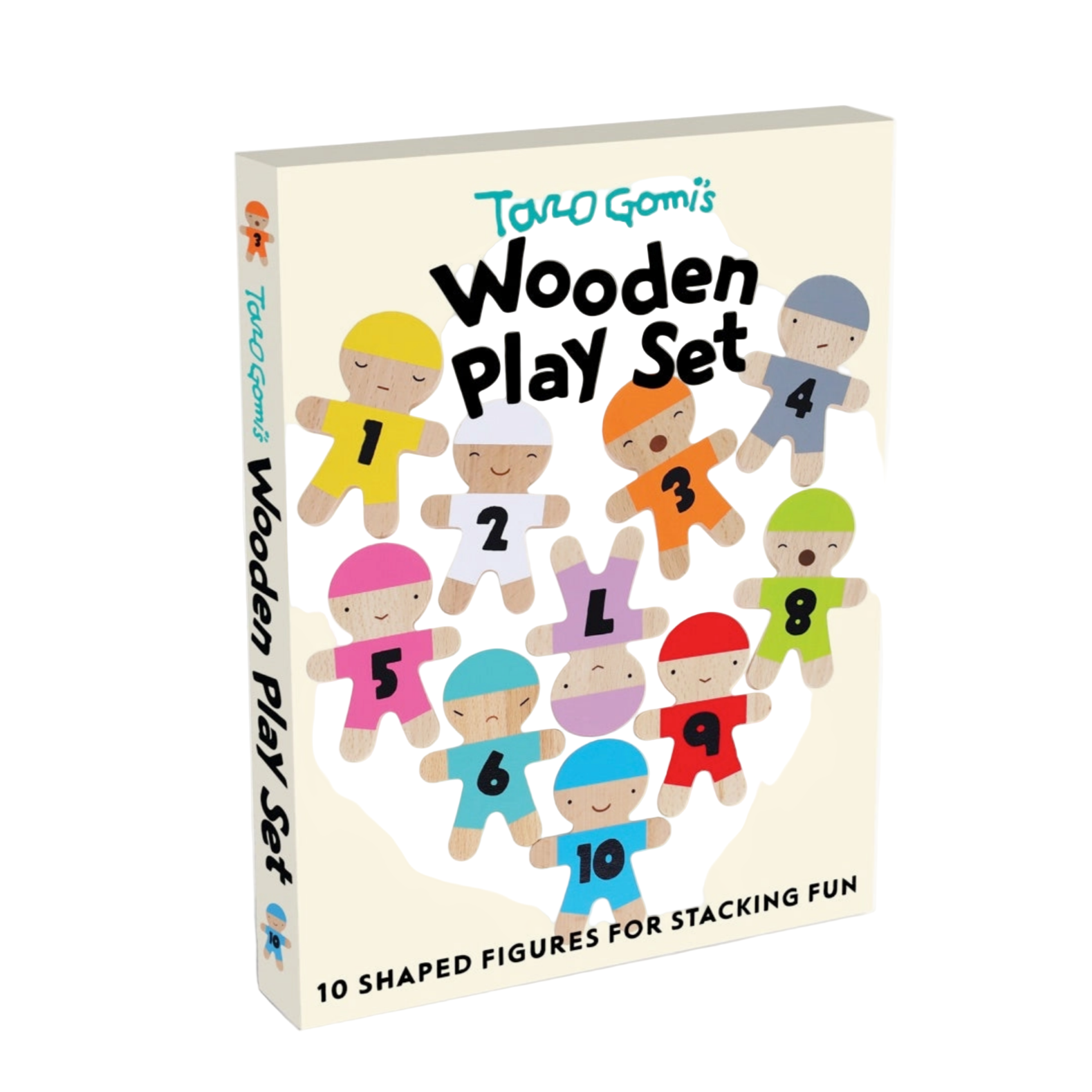 Box of Taro Gomi's Wooden Play Set with colorful figures on a beige background