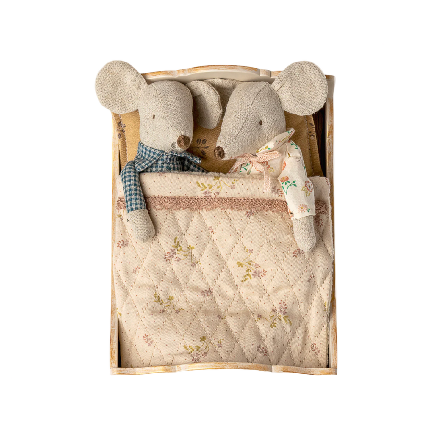 Two plush mouse toys in a decorative box on a website page.