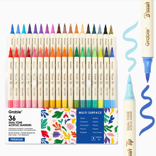 Set of Grable dual-tone acrylic markers with a colorful box packaging on a white background.