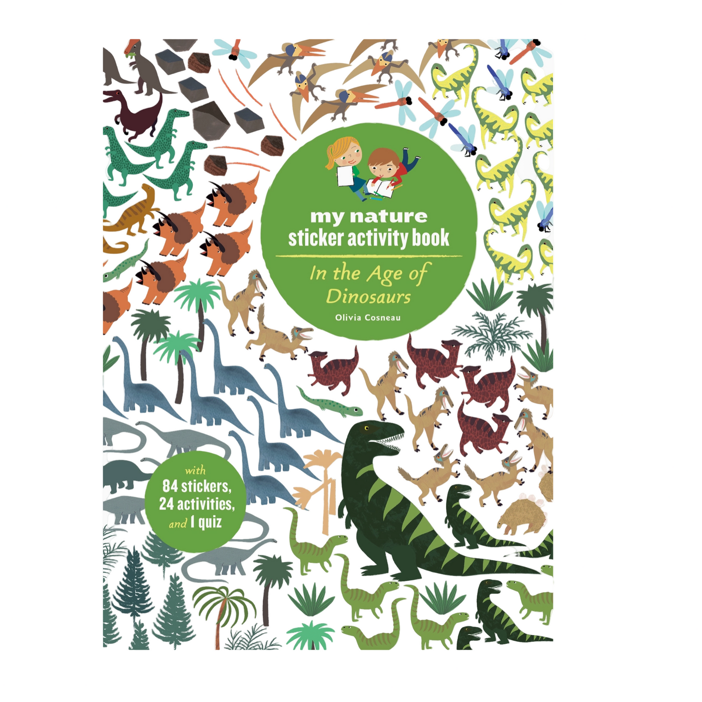 Sticker activity book cover with dinosaurs and children on a computer screen