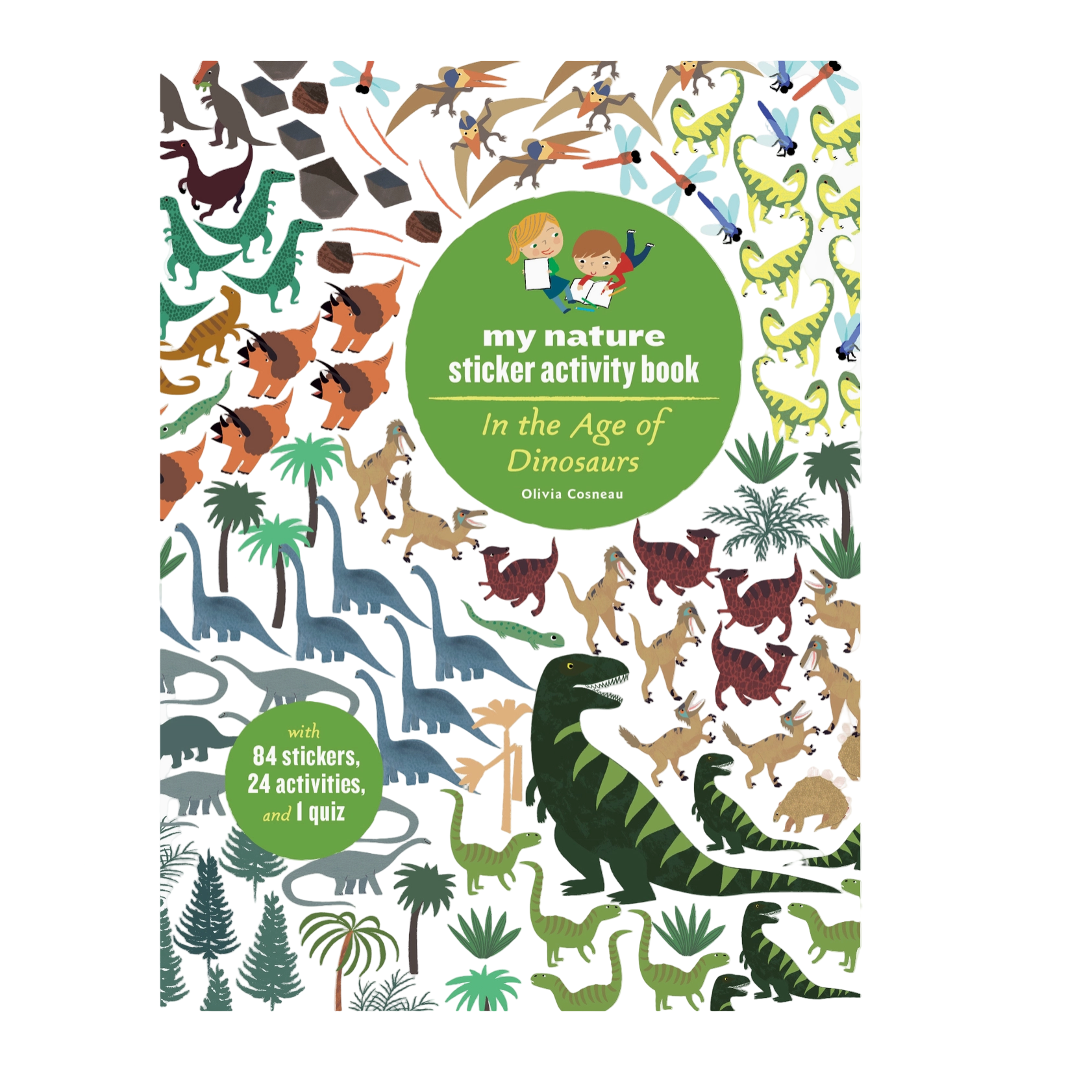 Sticker activity book cover with dinosaurs and children on a computer screen