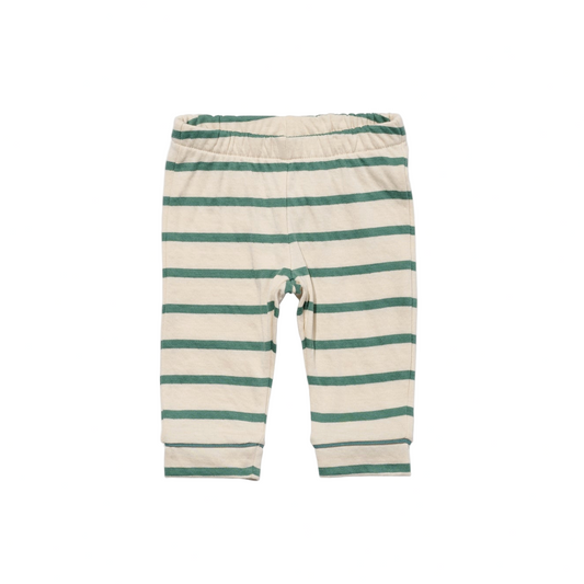Striped baby leggings with a white tag on a white background