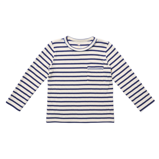 Navy and white striped long-sleeve shirt on a white background