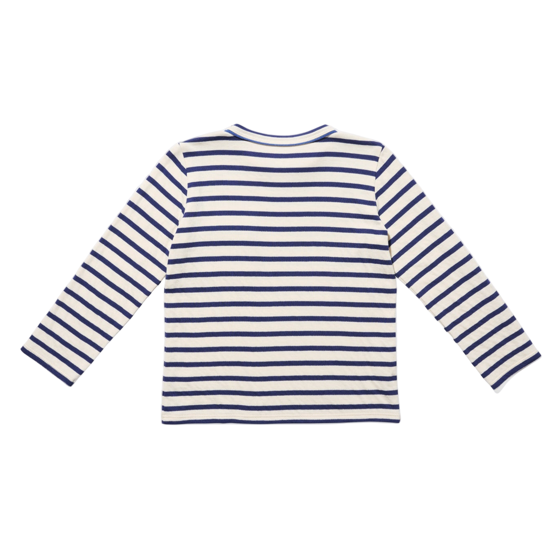 Navy and white striped long-sleeve shirt on a white background