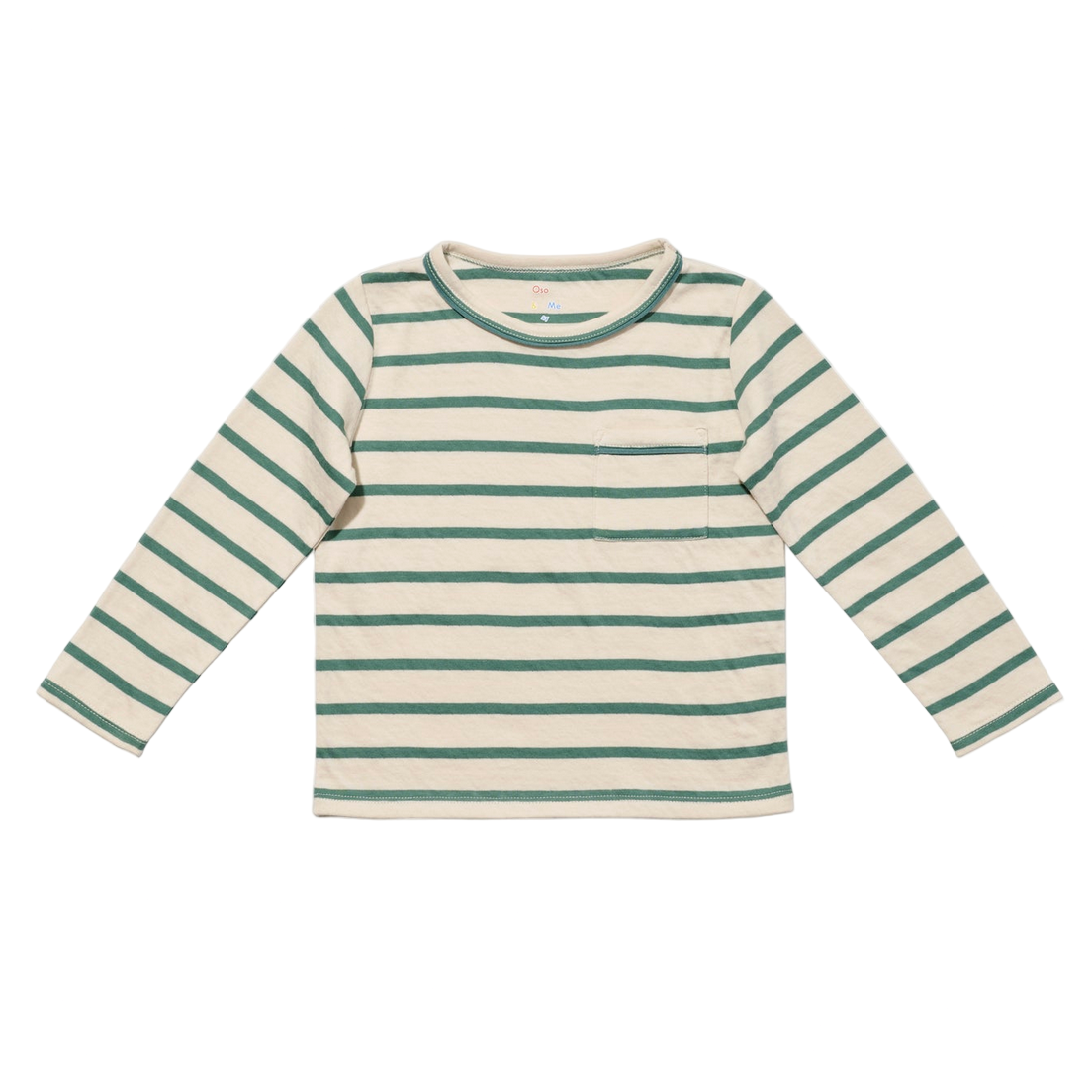 Striped long-sleeve shirt with green and white stripes on a white background