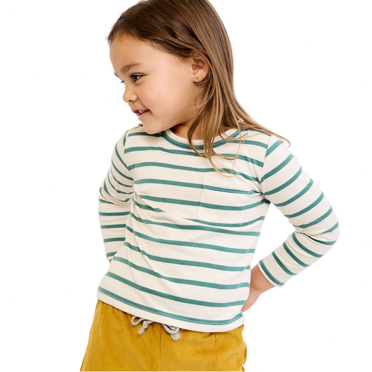 Child wearing a striped shirt and yellow pants on a white background