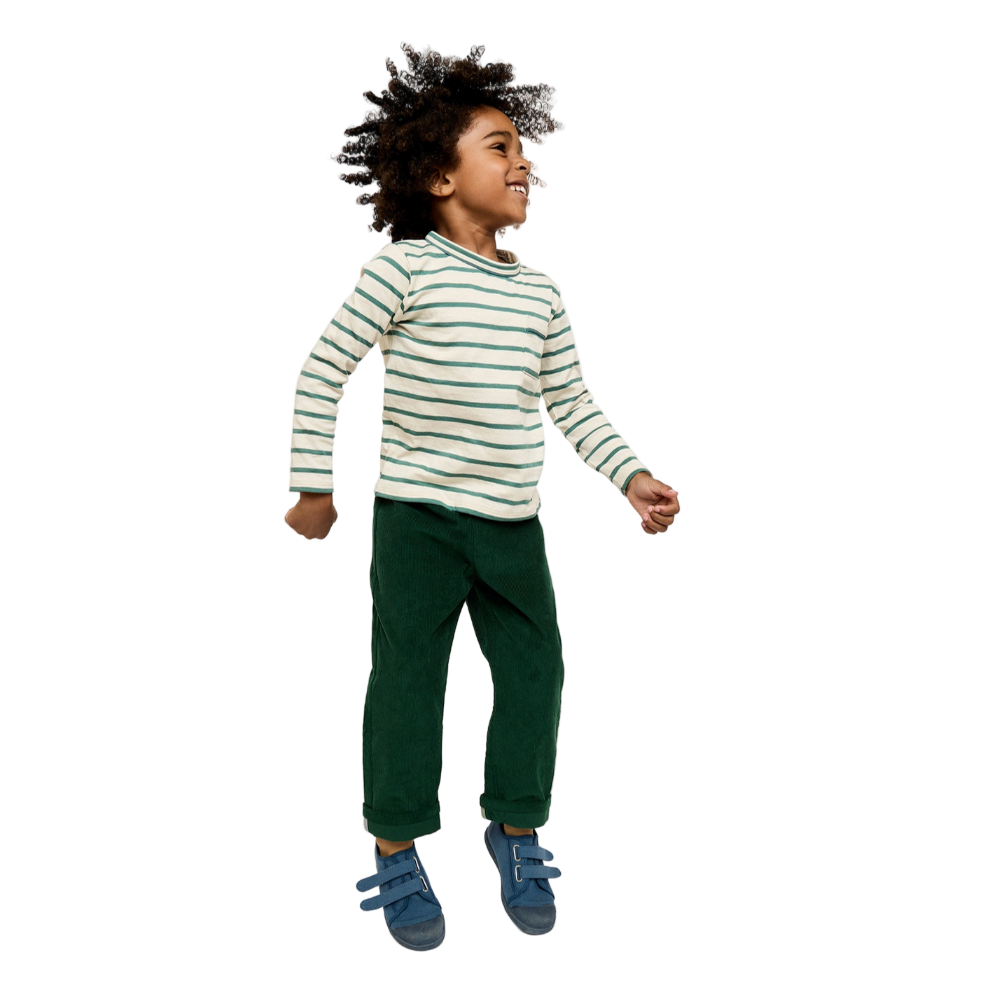 Child wearing a green and white striped shirt with green pants on a white background