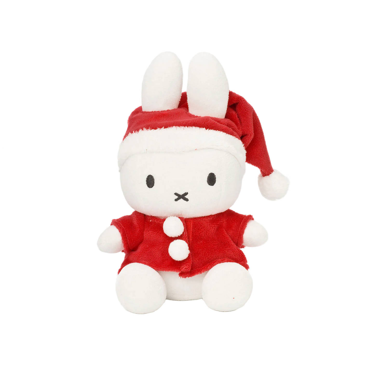 White plush toy with a red outfit and hat on a white background
