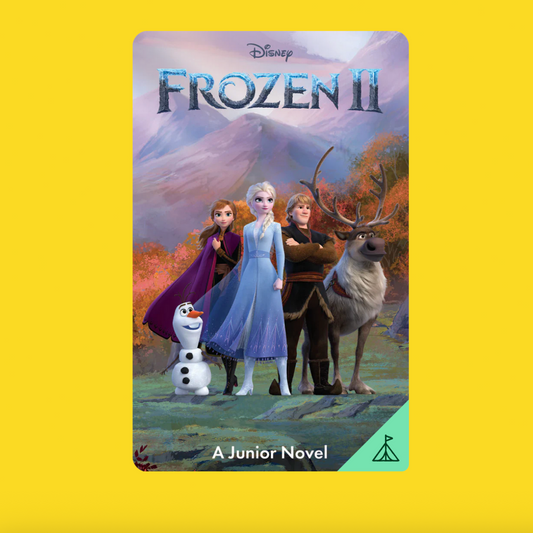 Book cover of 'Frozen II' junior novel with characters and Olaf on a yellow background
