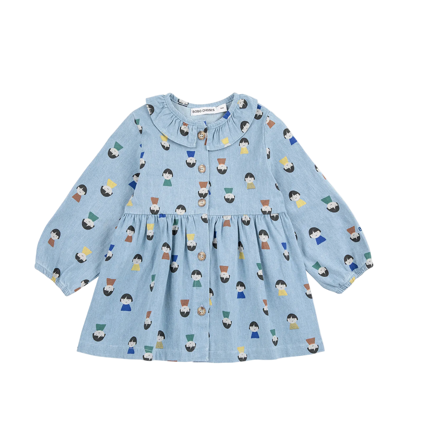 Light blue dress with colorful pattern on a white background