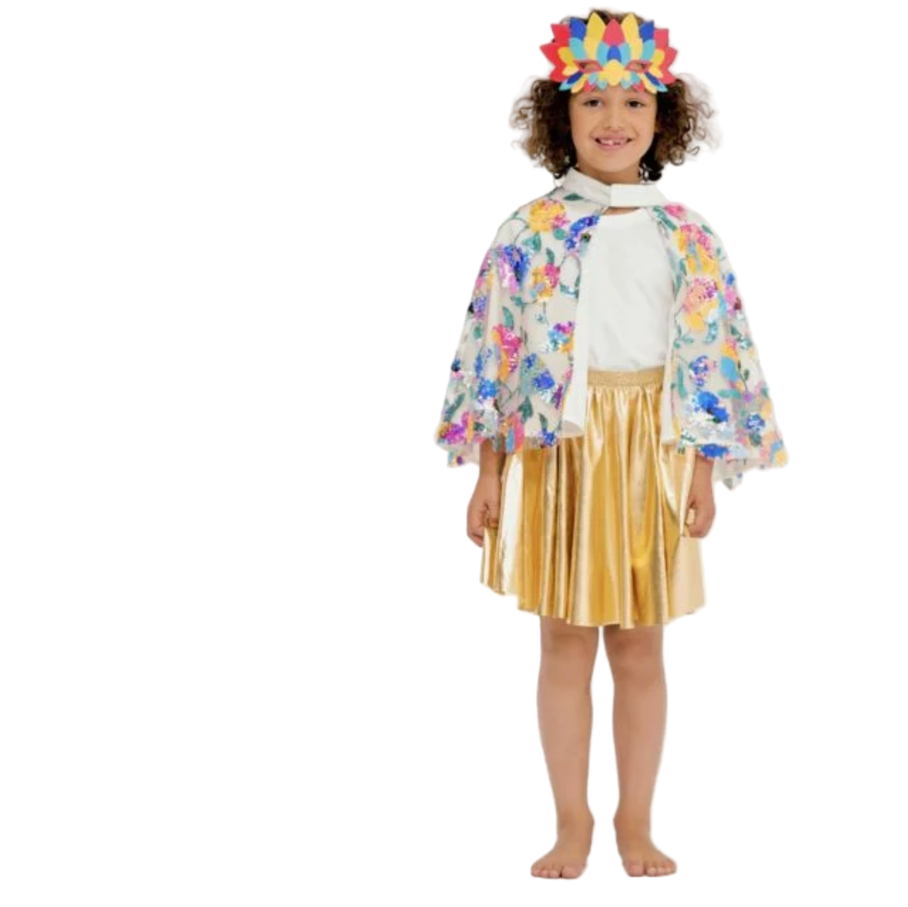 Child wearing a colorful floral jacket, white shirt, gold skirt, and flower headband on a white background