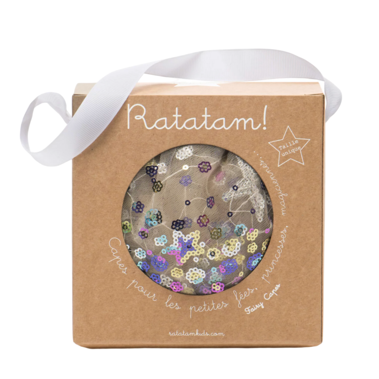 Kraft paper gift box with 'Ratamat!' branding and a clear window showing floral design.