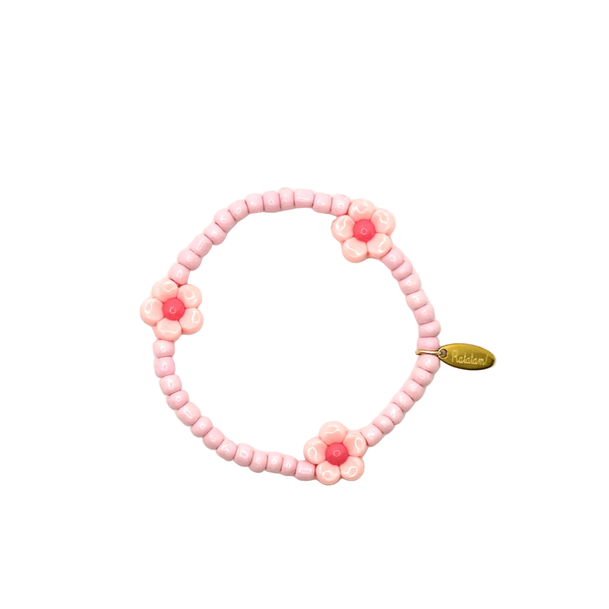 Pink beaded bracelet with floral designs on a white background