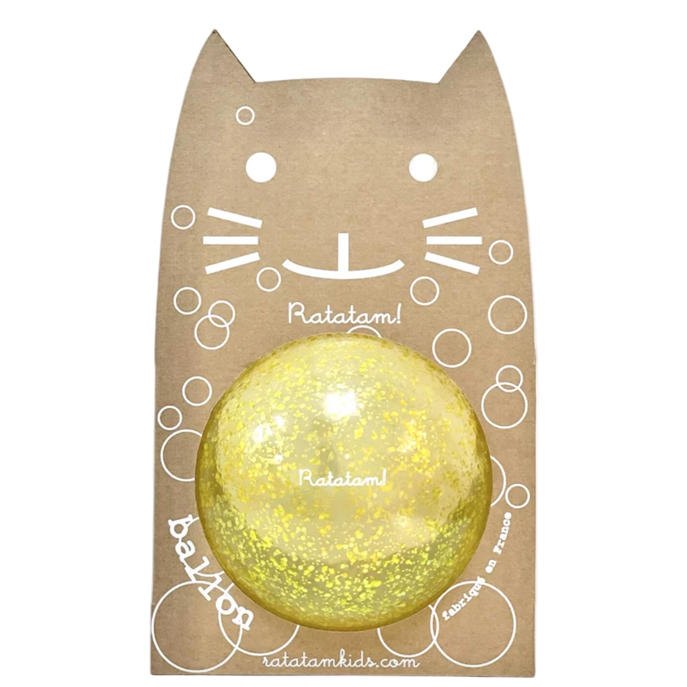 Yellow bath bomb in a cat-shaped packaging with 'Ratatam!' branding.
