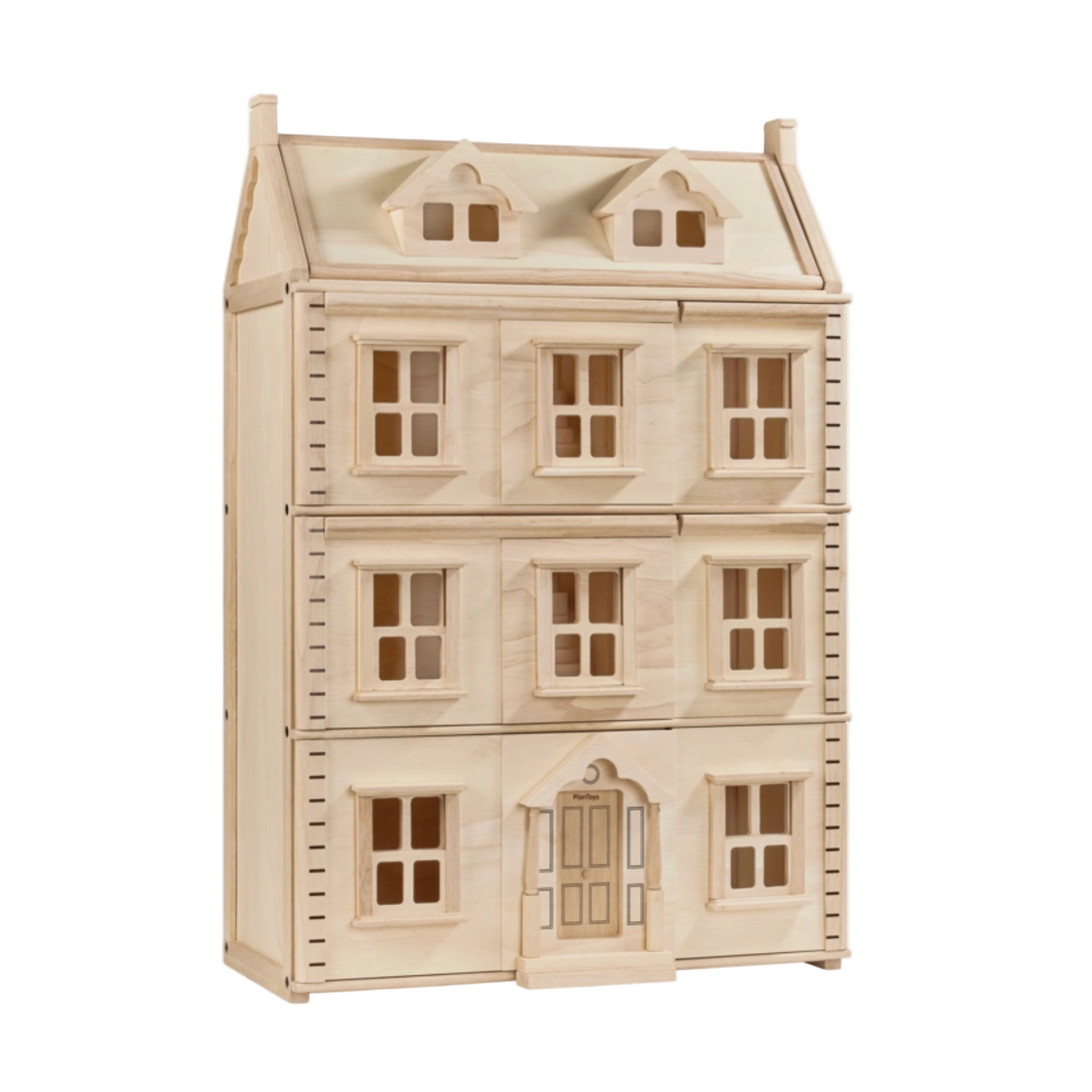 Wooden dollhouse with multiple windows on a white background