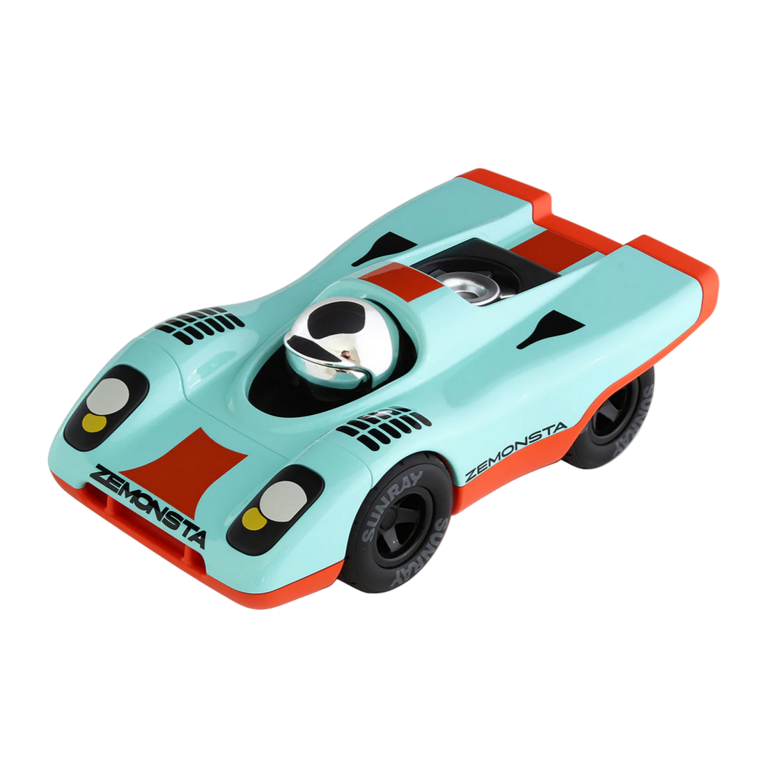Toy race car with a light blue body and red accents on a white background
