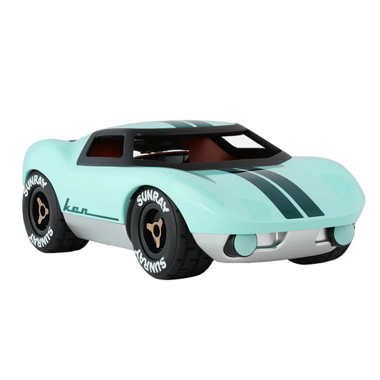 Light blue toy car with black accents on a white background