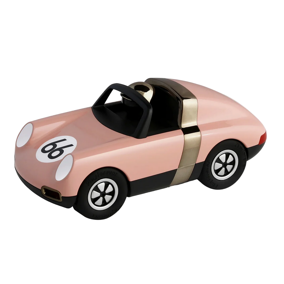 Pink toy car with black wheels and a gold stripe on a white background