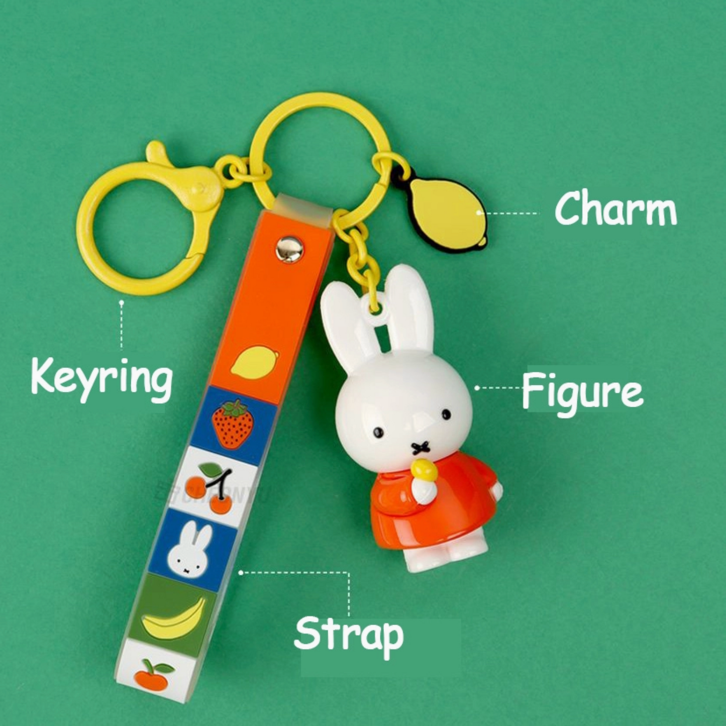 Keyring with rabbit figure, strap, charm, and keyring labeled on a green background