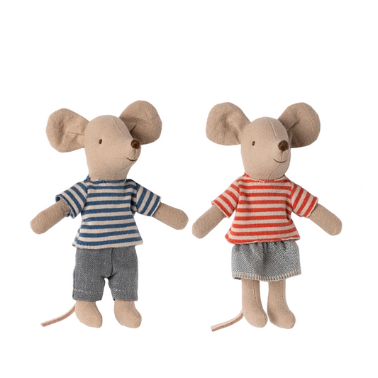 Two plush mouse toys with clothing on a computer screen.