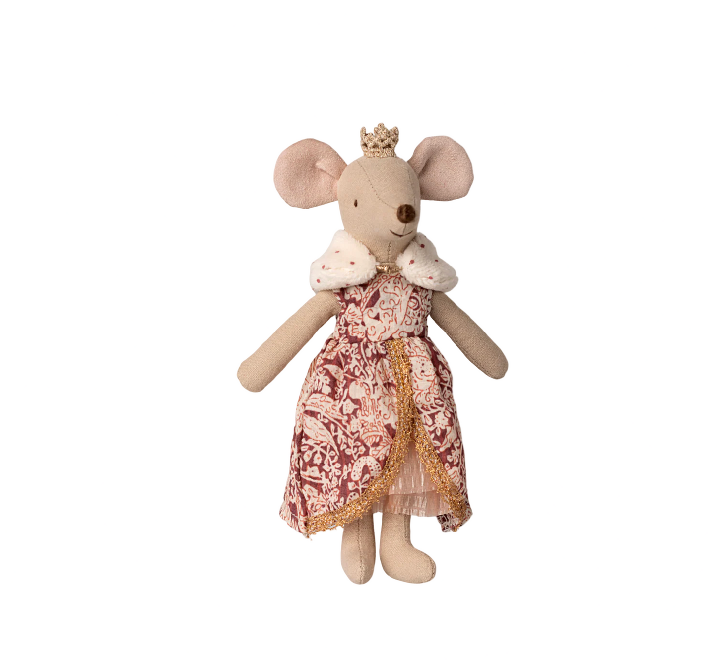 Stuffed toy mouse in a floral dress on a white background
