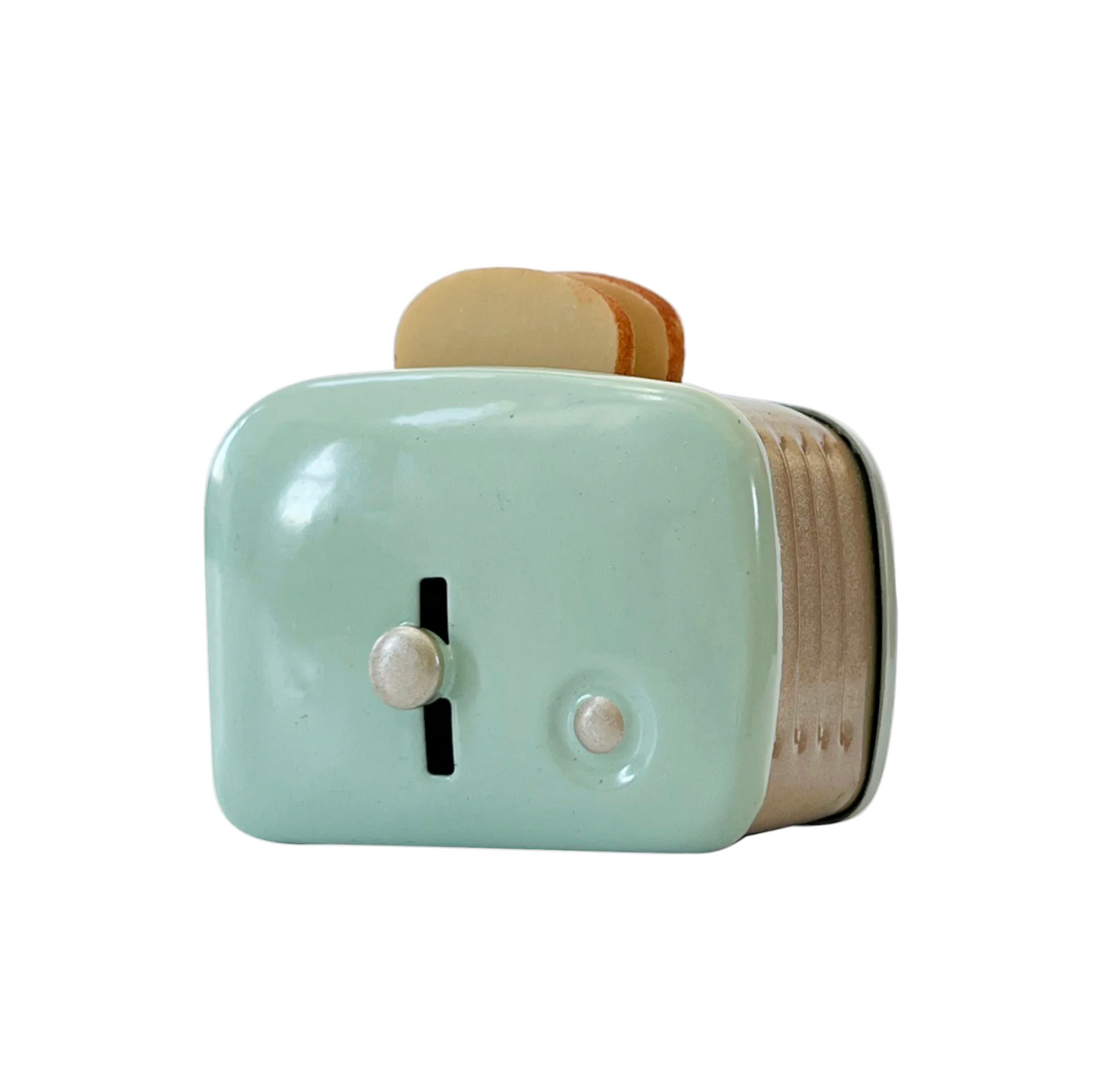 Small green toaster with wooden accents on a white background