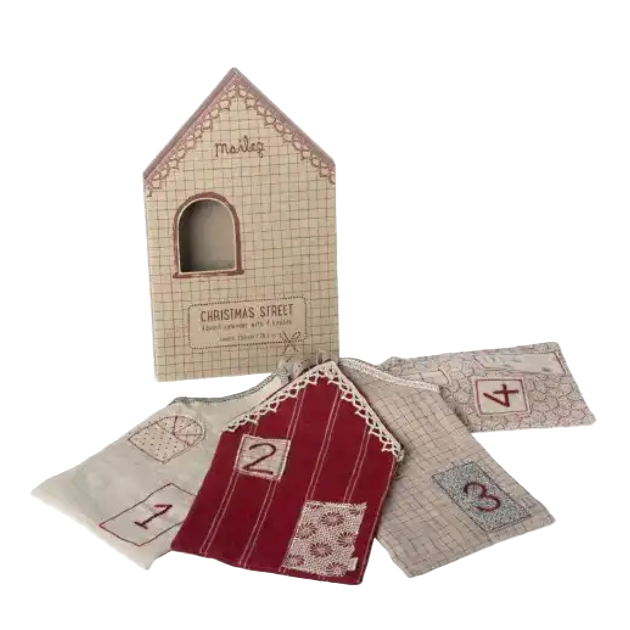 Set of house-shaped Christmas cards with a decorative box on a white background