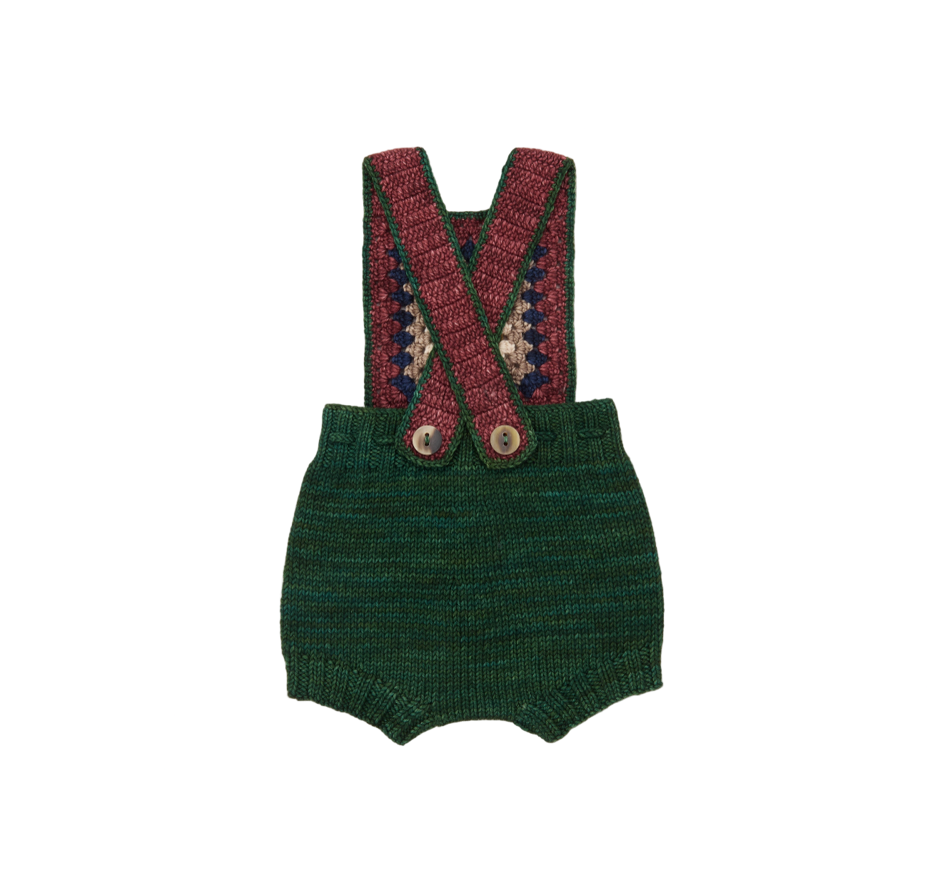 Green knitted romper with red suspenders on a white background