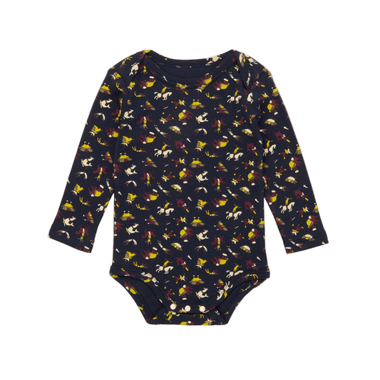 Navy blue baby onesie with colorful animal pattern on a white background