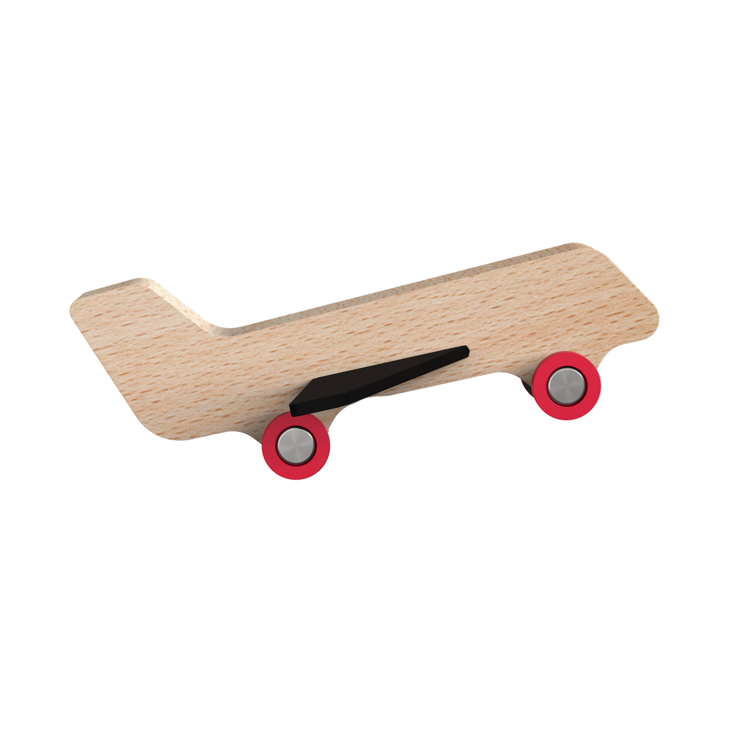 Wooden toy car with red wheels on a beige background