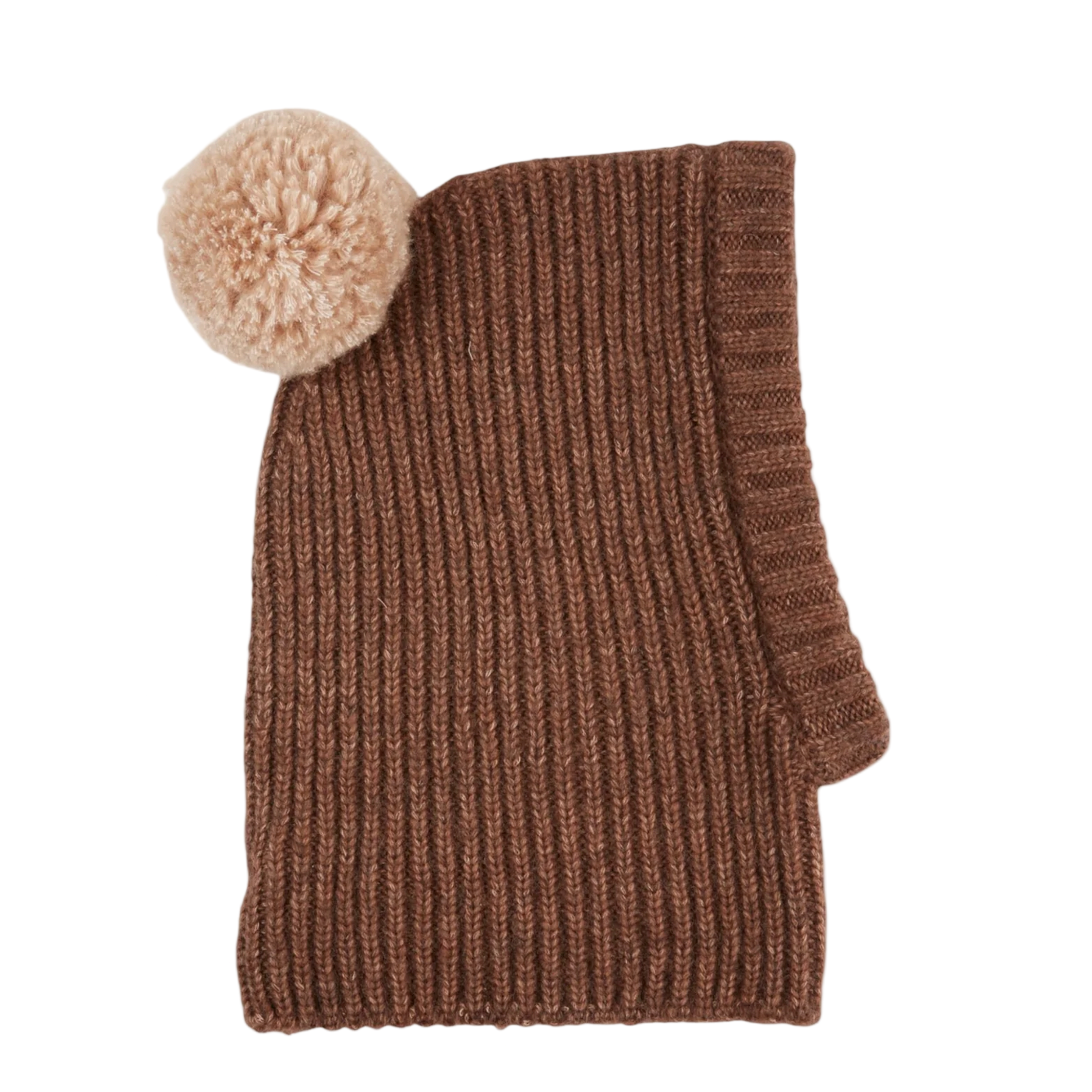 Brown knitted cat coat with a pom-pom on a beige background