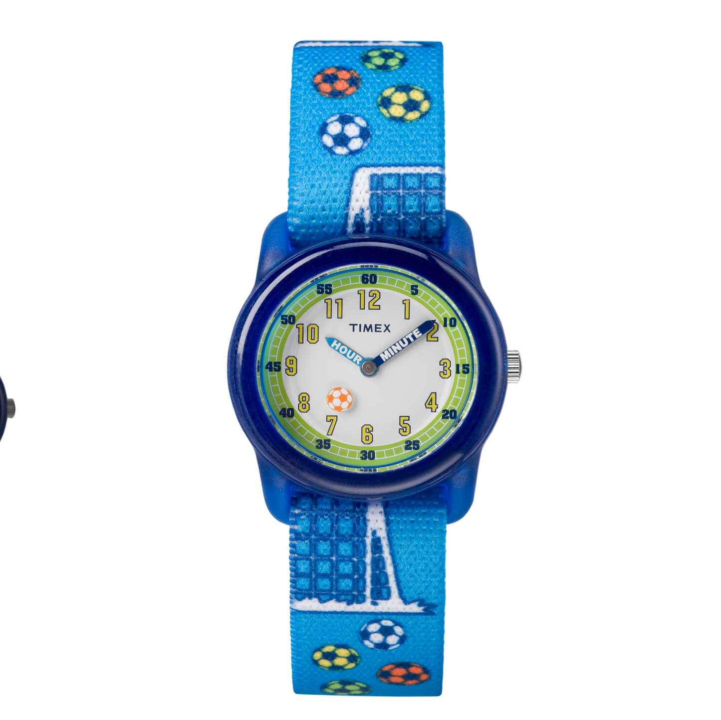Children's watch with blue strap featuring sports designs on a white background