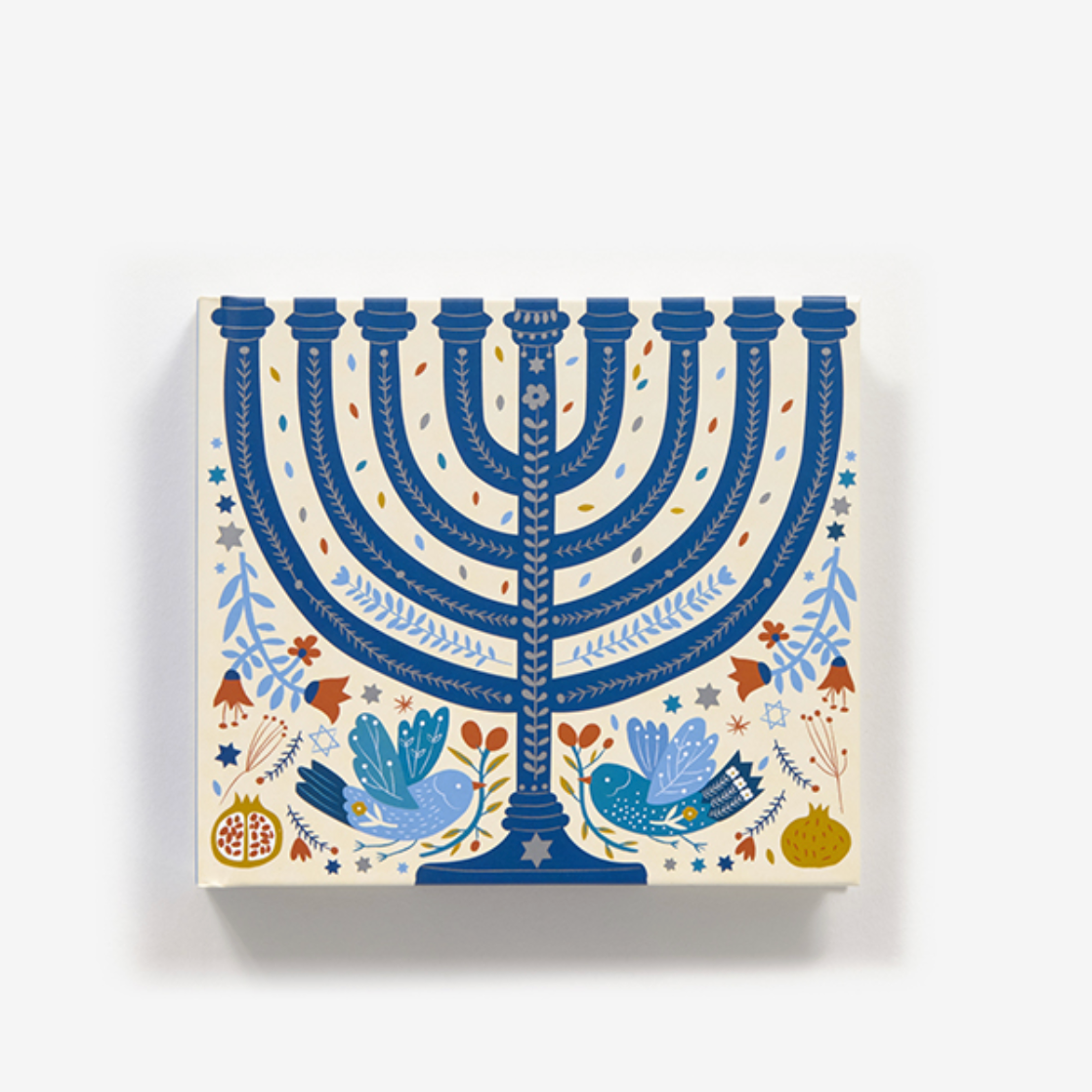 Decorative box with Menorah design on a white background