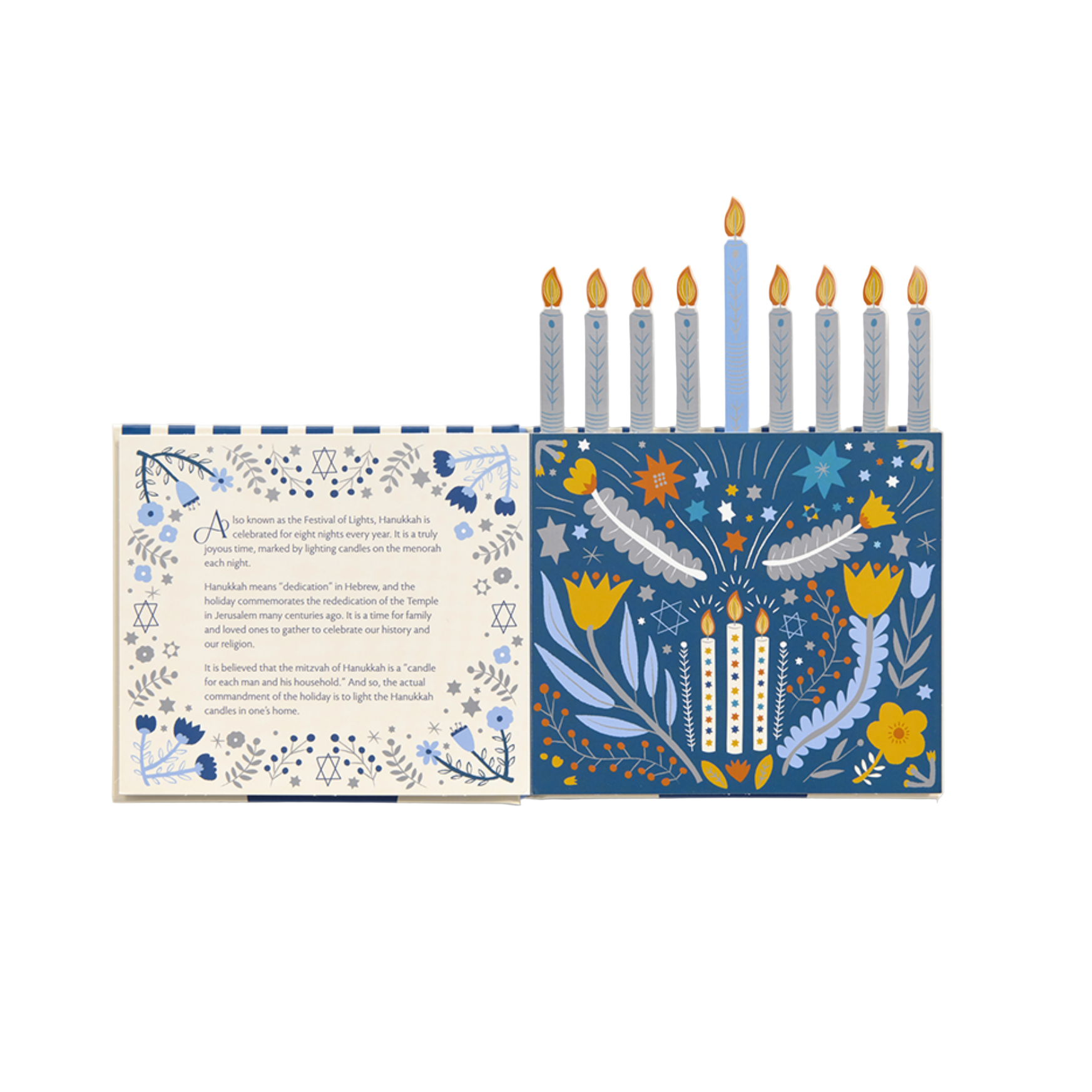 Decorative Hanukkah menorah with candles on a white background