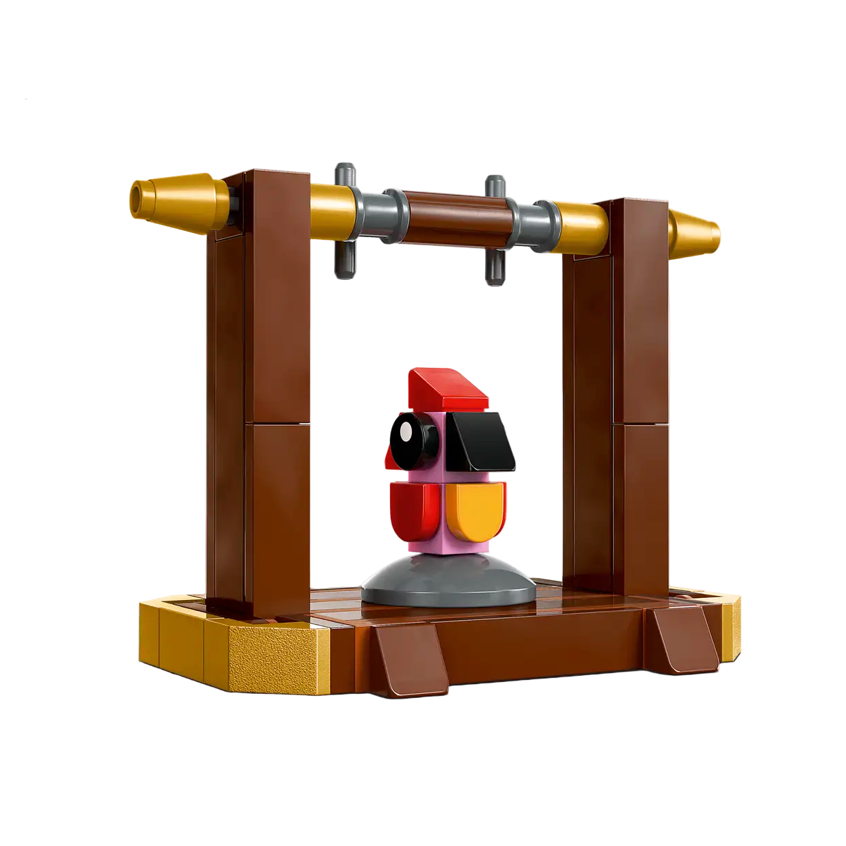 LEGO figure of a character with a red head and yellow body on a brown stand with gold accents.