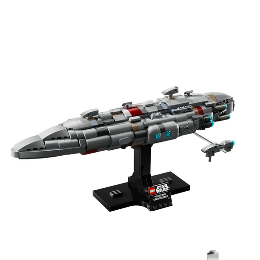 Legends Star Destroyer model on a stand with LEGO branding