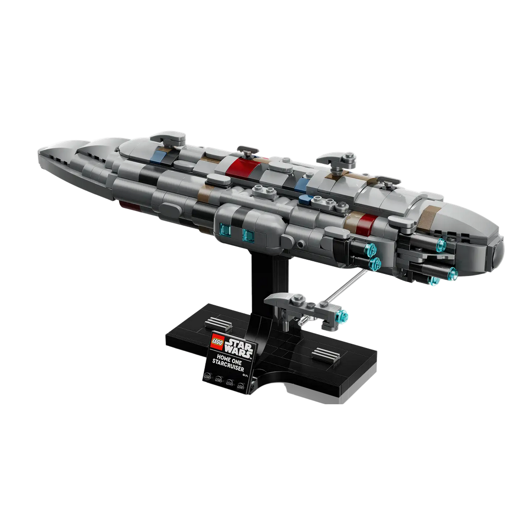 LEGO Star Wars spaceship model on a stand with visible LEGO branding.