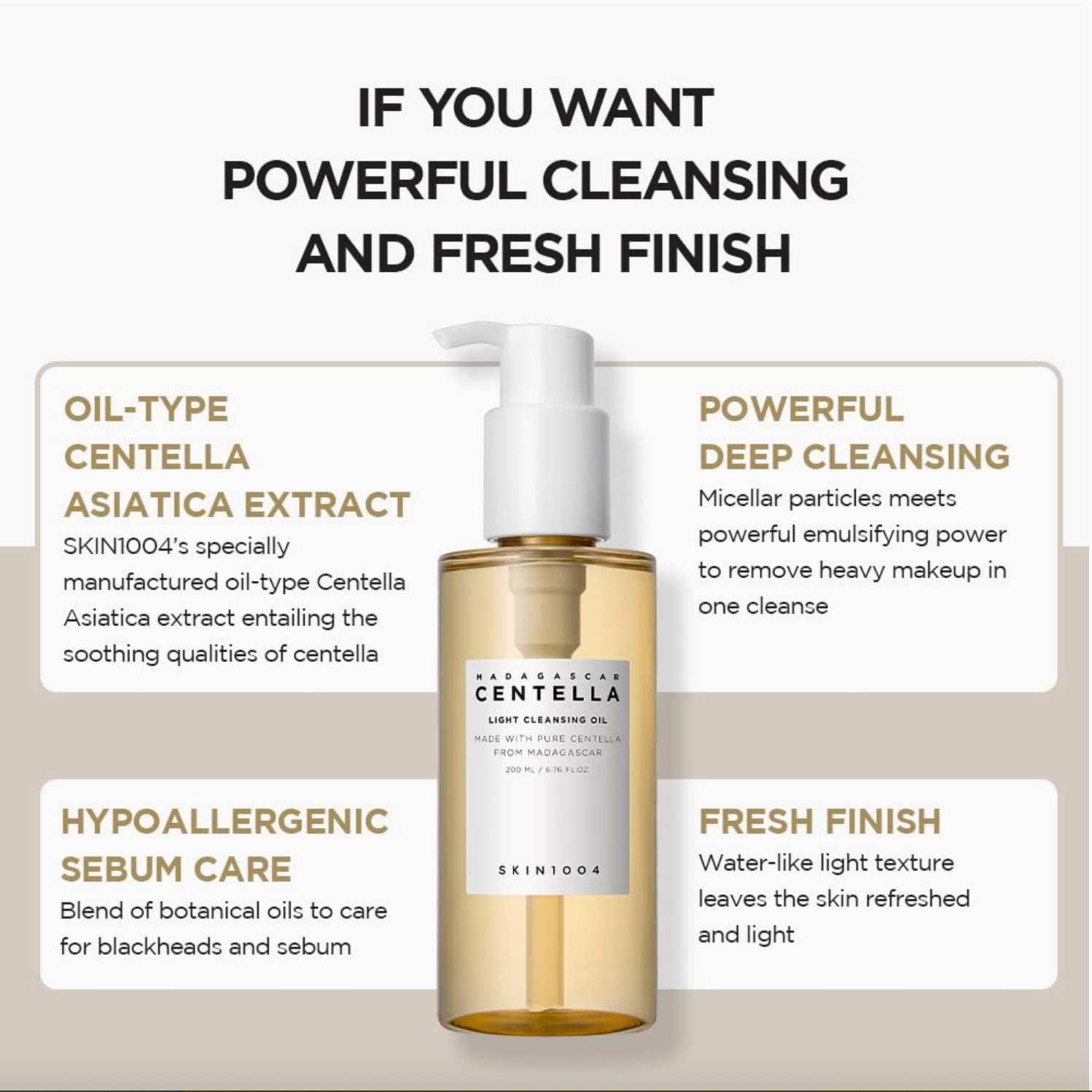 SKIN1004 Centella Asiatica extract cleansing oil with product details on a beige background