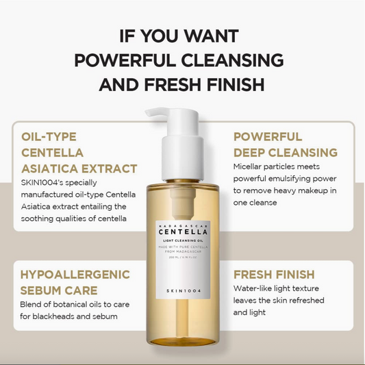 SKIN1004 Centella Asiatica extract cleansing oil with product details on a beige background