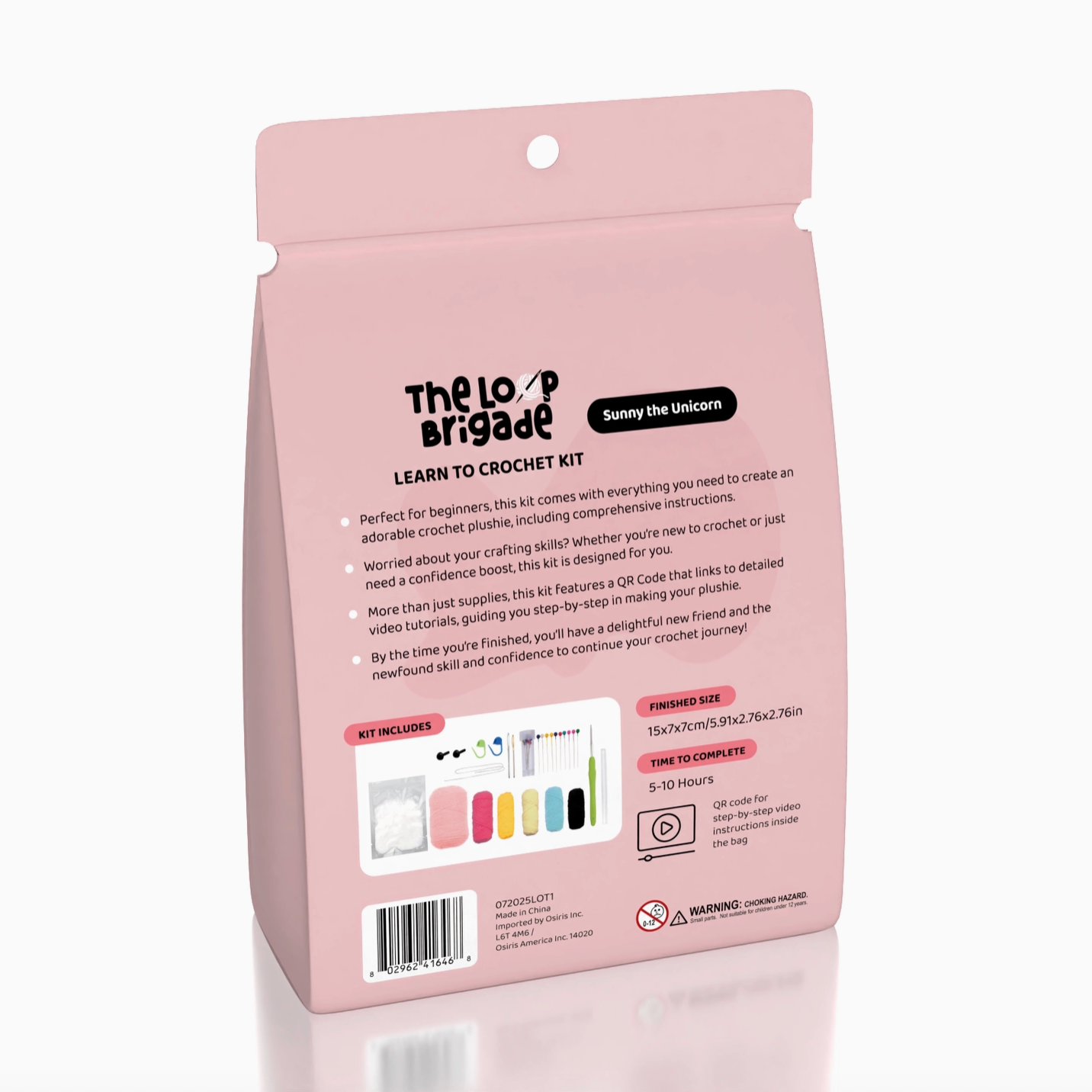 Pink crochet kit packaging with text and illustrations on a white background