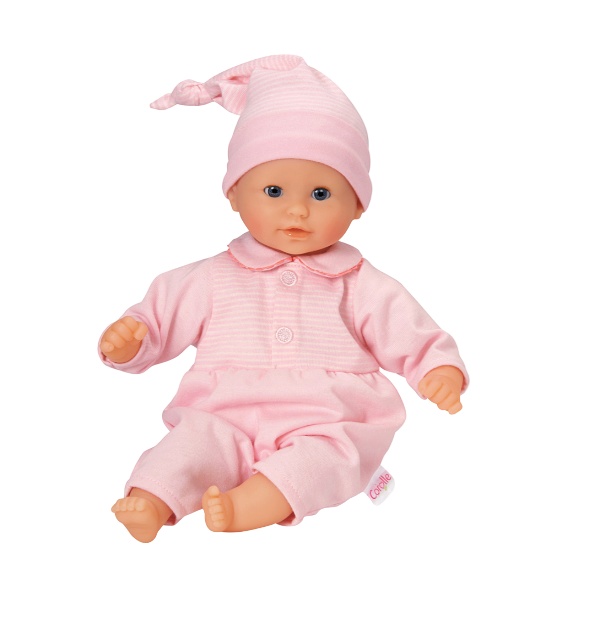 Baby doll in pink outfit and hat on a white background