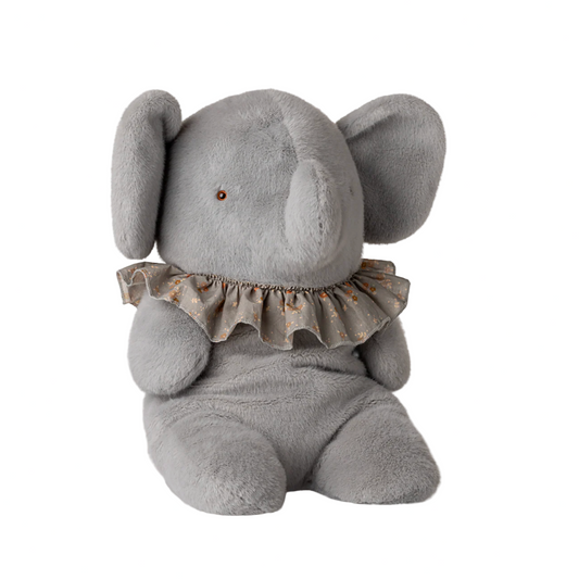 Gray plush elephant toy with a ruffled collar on a white background, featuring the Maileg brand.