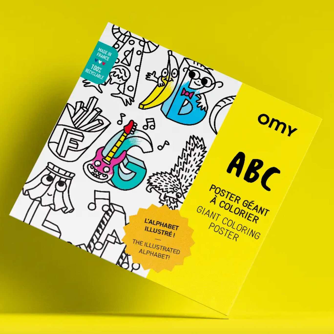 Coloring poster with black and white illustrations on a yellow background