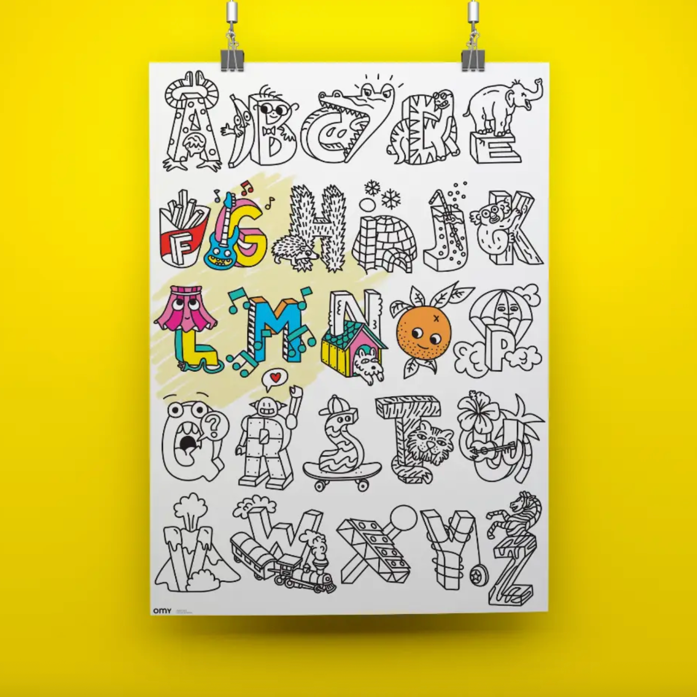 Colorful alphabet poster with cartoon-style letters on a yellow background