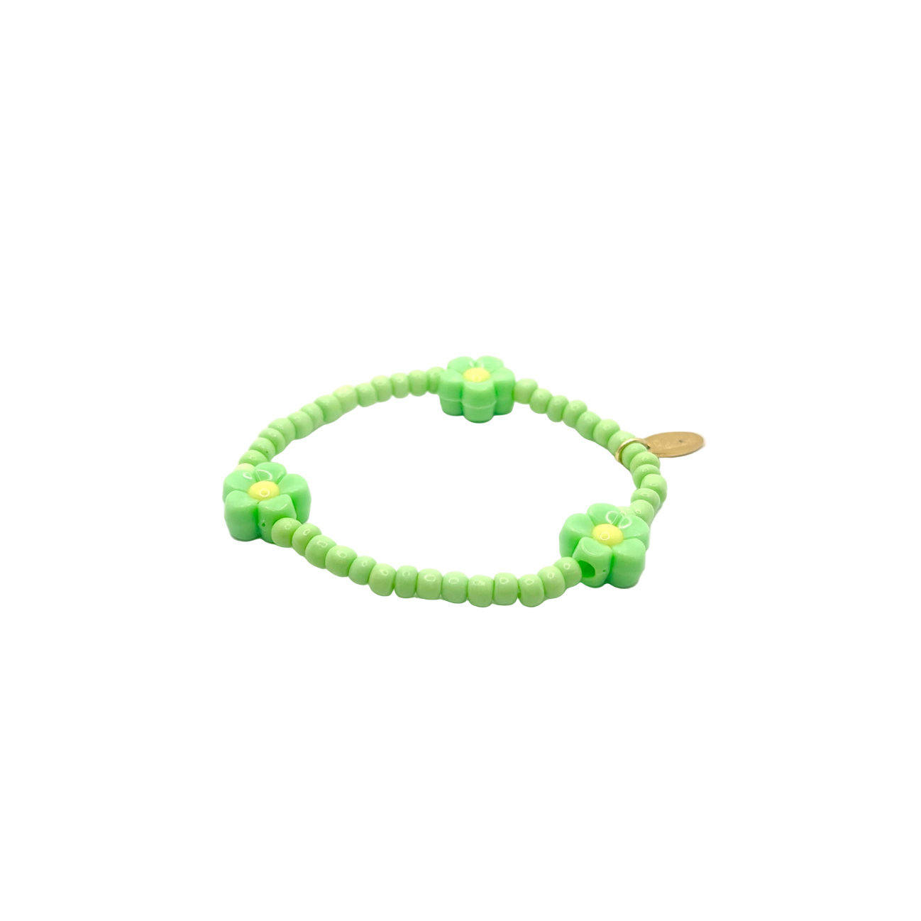 Green beaded bracelet with floral designs on a white background